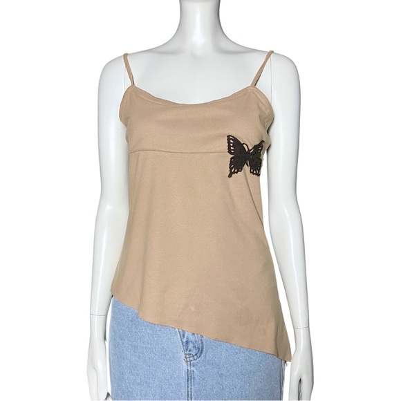 Vintage Tops - Vintage Y2K Asymmetrical Butterfly Going Out Top Fairycore Tan S/M Festival Tank